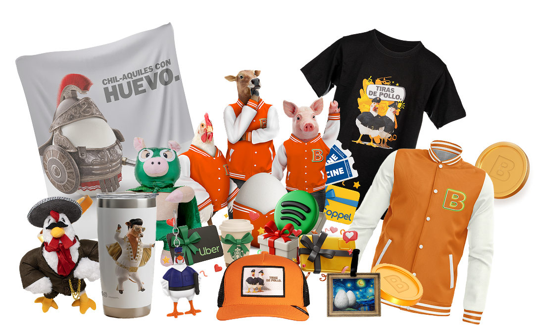 Mascotas de Club Bachoco con mercancía y premios